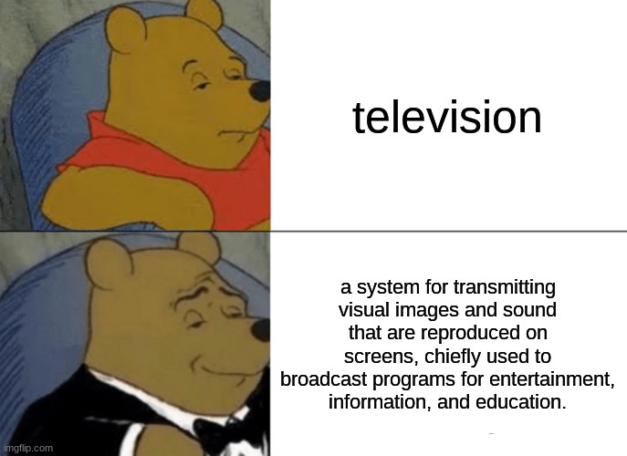 Tuxedo Winnie The Pooh | television; a system for transmitting visual images and sound that are reproduced on screens, chiefly used to broadcast programs for entertainment, information, and education. | image tagged in memes,whinnie the pooh,television,sad,funny memes | made w/ Imgflip meme maker