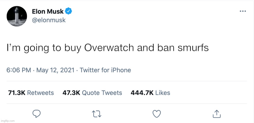 Elon Musk Blank Tweet | I’m going to buy Overwatch and ban smurfs | image tagged in elon musk blank tweet | made w/ Imgflip meme maker