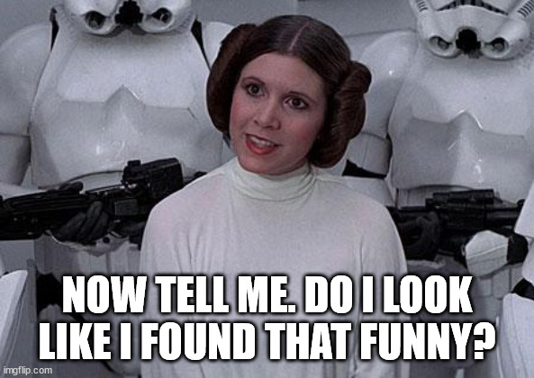 Princess Leia | NOW TELL ME. DO I LOOK LIKE I FOUND THAT FUNNY? | image tagged in princess leia | made w/ Imgflip meme maker
