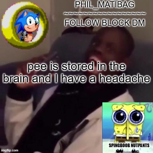 Phil_matibag announcement | pee is stored in the brain and I have a headache | image tagged in phil_matibag announcement | made w/ Imgflip meme maker
