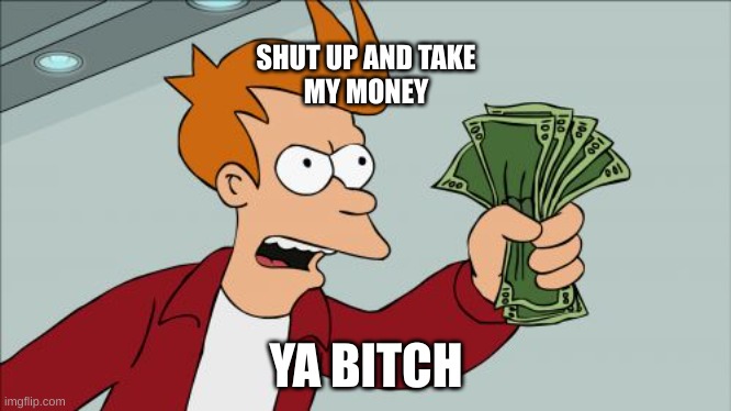 Shut Up And Take My Money Fry | SHUT UP AND TAKE MY MONEY; YA BITCH | image tagged in memes,shut up and take my money fry | made w/ Imgflip meme maker