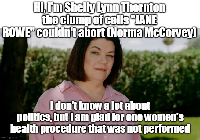 Not just a clump of cells to some | Hi, I'm Shelly Lynn Thornton the clump of cells "JANE ROWE" couldn't abort (Norma McCorvey); I don't know a lot about politics, but I am glad for one women's health procedure that was not performed | image tagged in memes,abortion,supreme court | made w/ Imgflip meme maker