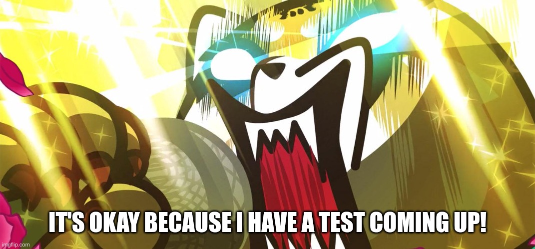 Aggretsuko rage | IT'S OKAY BECAUSE I HAVE A TEST COMING UP! | image tagged in aggretsuko rage | made w/ Imgflip meme maker