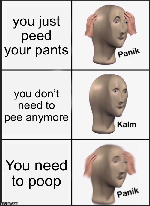 Me at 5 years old | you just peed your pants; you don’t need to pee anymore; You need to poop | image tagged in memes,panik kalm panik,peeing,5 year old,kids | made w/ Imgflip meme maker