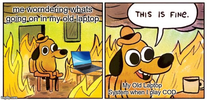 This Is Fine Meme | me worndering whats going on in my old laptop; My Old Laptop System when I play COD | image tagged in memes,this is fine | made w/ Imgflip meme maker