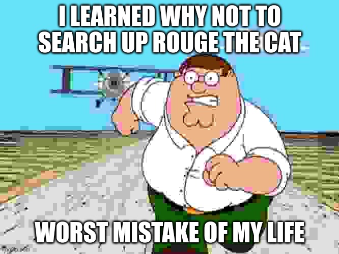 insert bad sonic joke | I LEARNED WHY NOT TO SEARCH UP ROUGE THE CAT; WORST MISTAKE OF MY LIFE | image tagged in peter griffin running away | made w/ Imgflip meme maker