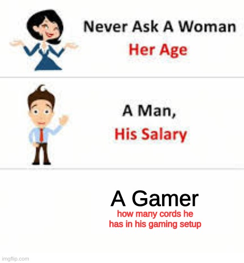 Never ask a woman her age | A Gamer; how many cords he has in his gaming setup | image tagged in never ask a woman her age | made w/ Imgflip meme maker