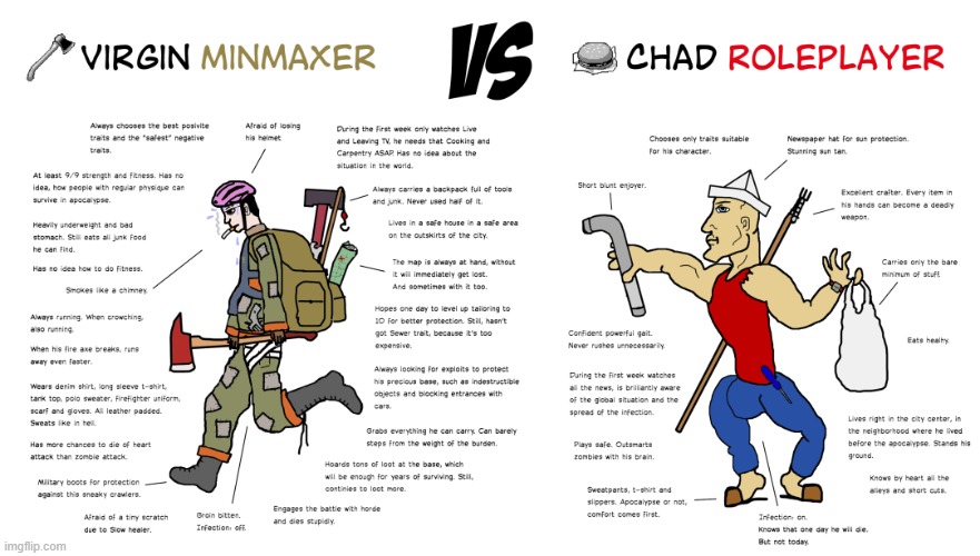 Virgin VS Chad [Project Zomboid Version] | image tagged in project zomboid,virgin vs chad,amogus,funny,memes,mother | made w/ Imgflip meme maker