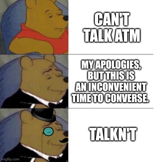 If you read the title, you are one in a million. Congrats. | CAN'T TALK ATM; MY APOLOGIES, BUT THIS IS AN INCONVENIENT TIME TO CONVERSE. TALKN'T | image tagged in tuxedo winnie the pooh 3 panel | made w/ Imgflip meme maker