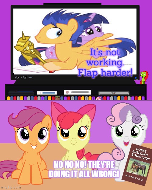 The Cutie Mark Crusaders learn about animal husbandry | It's not working. Flap harder! NO NO NO! THEY'RE DOING IT ALL WRONG! | image tagged in my little pony,animal,husbandry,it's time to stop | made w/ Imgflip meme maker