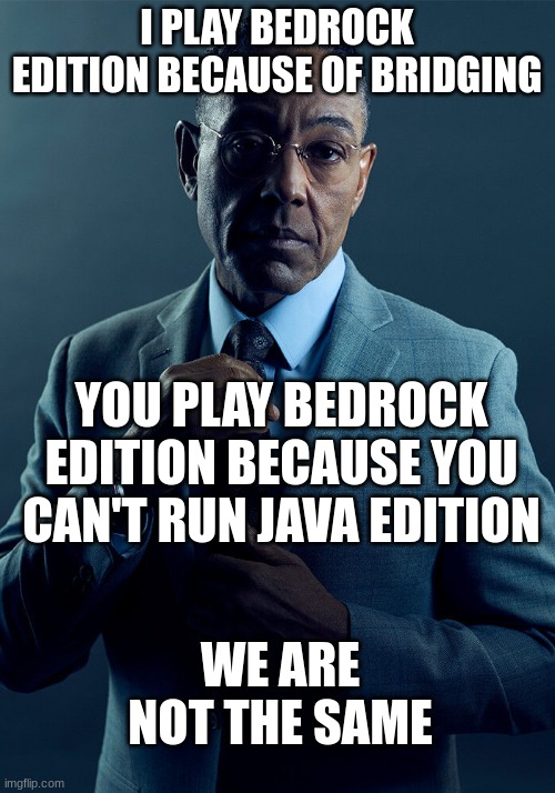 Gus Fring we are not the same | I PLAY BEDROCK EDITION BECAUSE OF BRIDGING; YOU PLAY BEDROCK EDITION BECAUSE YOU CAN'T RUN JAVA EDITION; WE ARE NOT THE SAME | image tagged in gus fring we are not the same | made w/ Imgflip meme maker