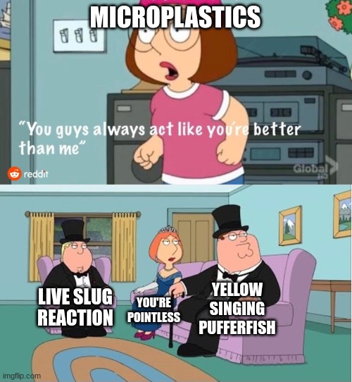 2022 memes edition | MICROPLASTICS; YELLOW SINGING PUFFERFISH; LIVE SLUG REACTION; YOU'RE POINTLESS | image tagged in you guys always act like you're better than me,memes,2022 | made w/ Imgflip meme maker