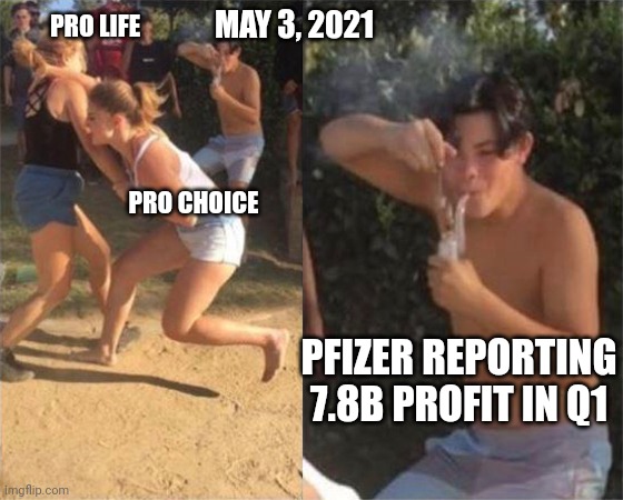 Lol I'm the debate will never end | MAY 3, 2021; PRO LIFE; PRO CHOICE; PFIZER REPORTING 7.8B PROFIT IN Q1 | image tagged in two girls fighting,pfizer,profit,roe,scotus | made w/ Imgflip meme maker