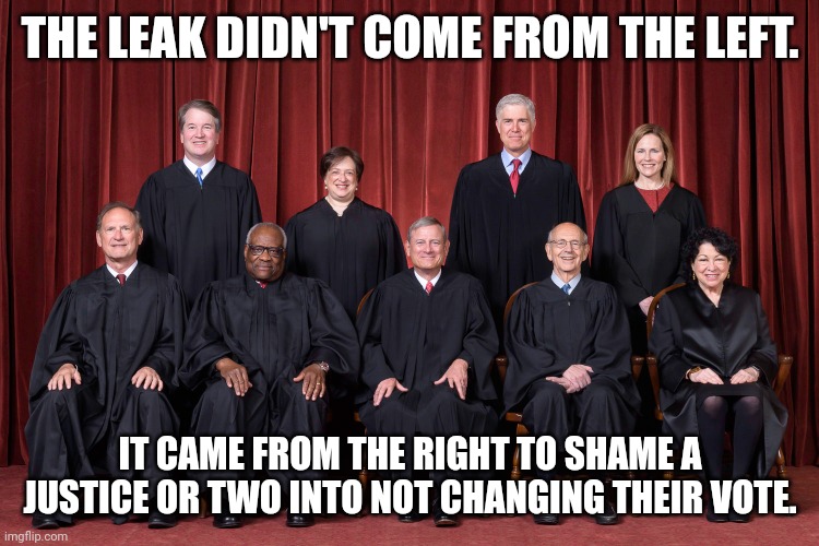 If an angry"left clerk" leaked it, it would have been back in February. | THE LEAK DIDN'T COME FROM THE LEFT. IT CAME FROM THE RIGHT TO SHAME A JUSTICE OR TWO INTO NOT CHANGING THEIR VOTE. | image tagged in supreme court | made w/ Imgflip meme maker