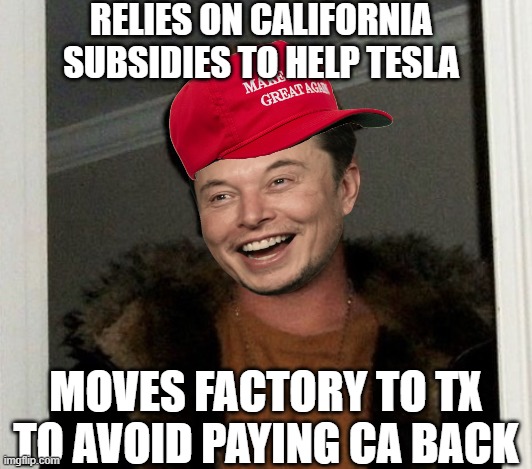 Douche Move |  RELIES ON CALIFORNIA SUBSIDIES TO HELP TESLA; MOVES FACTORY TO TX TO AVOID PAYING CA BACK | image tagged in douchebag,elon musk,tesla | made w/ Imgflip meme maker