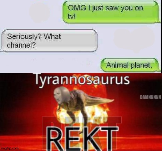 DAMNNNNN; REKT | image tagged in tyrannosaurus rekt | made w/ Imgflip meme maker