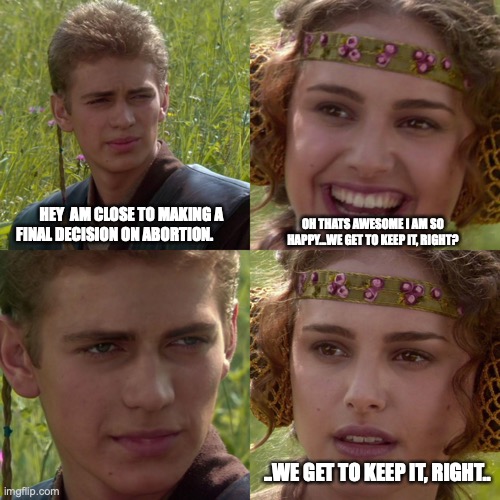 anikin padme |  HEY  AM CLOSE TO MAKING A FINAL DECISION ON ABORTION. OH THATS AWESOME I AM SO HAPPY...WE GET TO KEEP IT, RIGHT? ..WE GET TO KEEP IT, RIGHT.. | image tagged in anikin padme | made w/ Imgflip meme maker