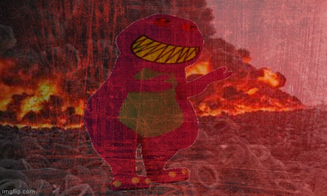 Hell Barney | image tagged in barney the dinosaur,but why,its time to stop,cursed image | made w/ Imgflip meme maker