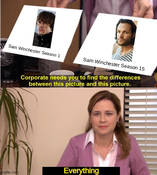 Sam Winchester Season 1 vs Season 15 | Sam Winchester Season 1; Sam Winchester Season 15; Everything | image tagged in memes,they're the same picture,sam winchester,supernatural | made w/ Imgflip meme maker