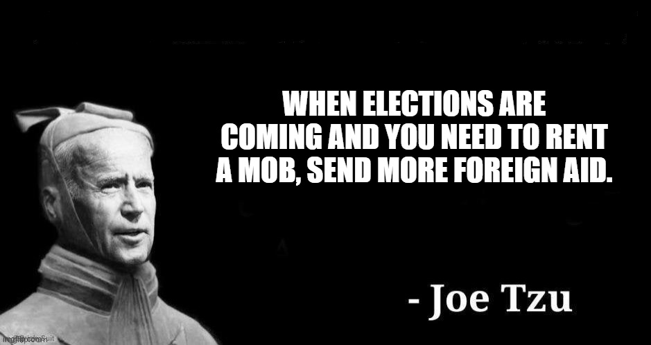 Joe Tzu | WHEN ELECTIONS ARE COMING AND YOU NEED TO RENT A MOB, SEND MORE FOREIGN AID. | image tagged in joe tzu | made w/ Imgflip meme maker