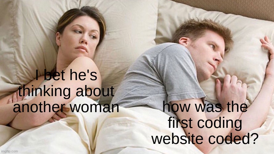 what. | I bet he's thinking about another woman; how was the first coding website coded? | image tagged in couple in bed | made w/ Imgflip meme maker