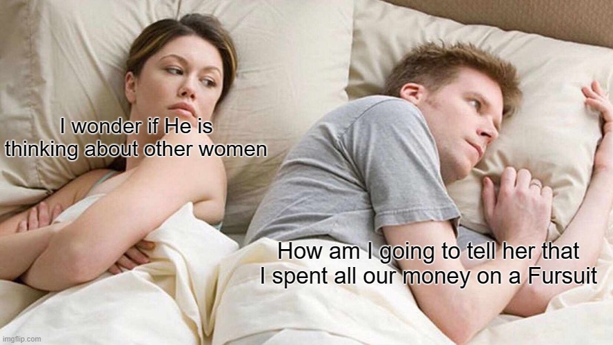 I Bet He's Thinking About Other Women | I wonder if He is thinking about other women; How am I going to tell her that I spent all our money on a Fursuit | image tagged in memes,i bet he's thinking about other women | made w/ Imgflip meme maker