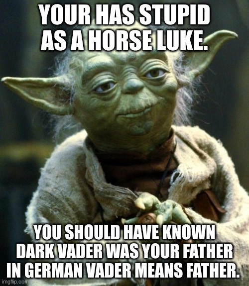 Star Wars Yoda | YOUR HAS STUPID AS A HORSE LUKE. YOU SHOULD HAVE KNOWN DARK VADER WAS YOUR FATHER IN GERMAN VADER MEANS FATHER. | image tagged in memes,star wars yoda | made w/ Imgflip meme maker