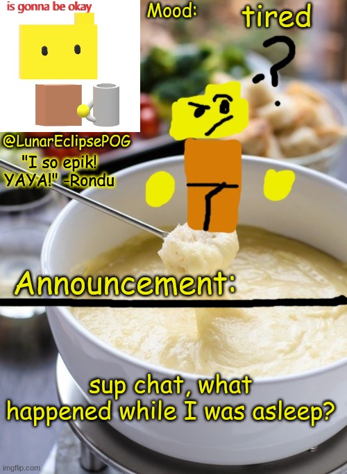 Did ANYTHING happen? | tired; sup chat, what happened while I was asleep? | image tagged in luna's rondu on the fondue temp 2 0 | made w/ Imgflip meme maker