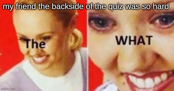 huuuuuuuuuuuuuuuuuuuuuuuuuuu | my friend the backside of the quiz was so hard | image tagged in the what / rug doctor woman ad,funny | made w/ Imgflip meme maker