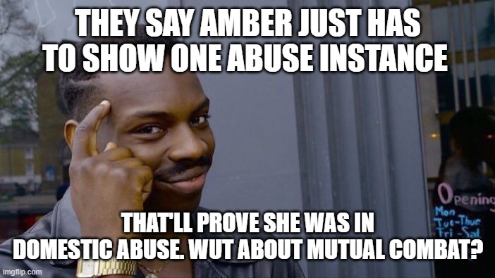 combat | THEY SAY AMBER JUST HAS TO SHOW ONE ABUSE INSTANCE; THAT'LL PROVE SHE WAS IN DOMESTIC ABUSE. WUT ABOUT MUTUAL COMBAT? | image tagged in memes,roll safe think about it | made w/ Imgflip meme maker