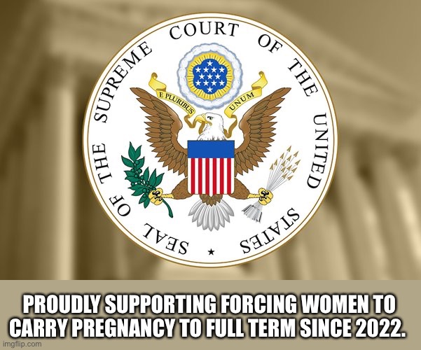 Supreme Court unveils new slogan | PROUDLY SUPPORTING FORCING WOMEN TO CARRY PREGNANCY TO FULL TERM SINCE 2022. | image tagged in supreme court,rapist,donald trump approves,abortion,traitors | made w/ Imgflip meme maker