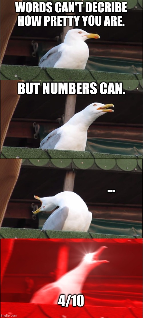 4/10 | WORDS CAN'T DECRIBE HOW PRETTY YOU ARE. BUT NUMBERS CAN. ... 4/10 | image tagged in memes,inhaling seagull | made w/ Imgflip meme maker