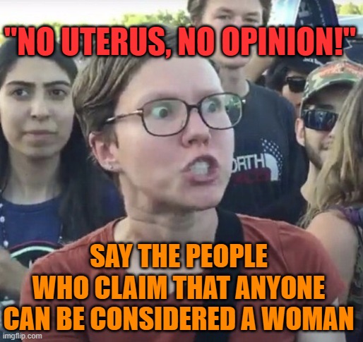 Now the left DOES want to define women | "NO UTERUS, NO OPINION!"; SAY THE PEOPLE WHO CLAIM THAT ANYONE CAN BE CONSIDERED A WOMAN | image tagged in triggered feminist | made w/ Imgflip meme maker
