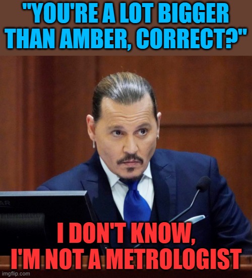 Would have been an awesome answer by Depp |  "YOU'RE A LOT BIGGER THAN AMBER, CORRECT?"; I DON'T KNOW, I'M NOT A METROLOGIST | image tagged in johnny depp,amber heard,trial | made w/ Imgflip meme maker