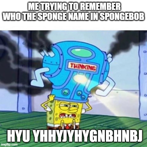 Spongebob Thinking Hard | ME TRYING TO REMEMBER WHO THE SPONGE NAME IN SPONGEBOB; HYU YHHYJYHYGNBHNBJ | image tagged in spongebob thinking hard | made w/ Imgflip meme maker