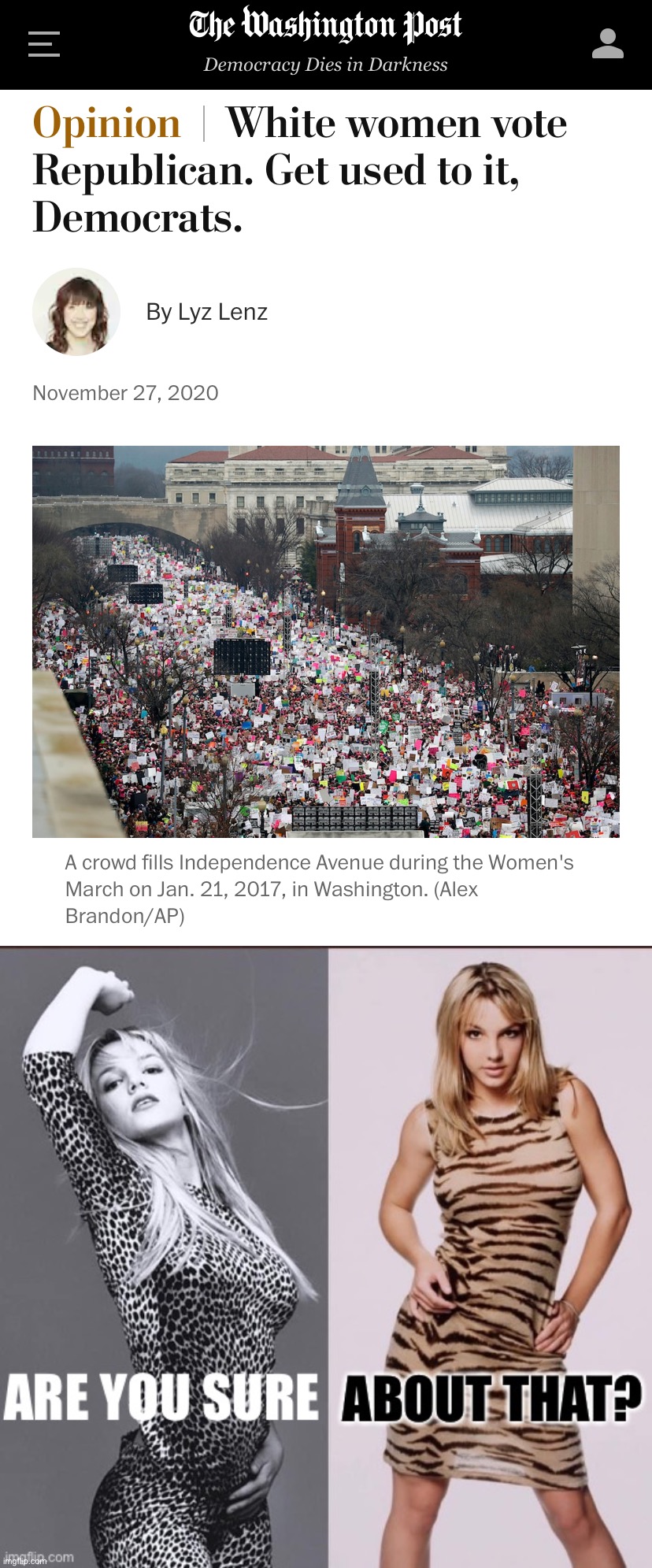 The GOP’s small advantage with white women is jeopardized by the disappearance of Roe v. Wade. | image tagged in white women vote republican,britney spears are you sure about that | made w/ Imgflip meme maker