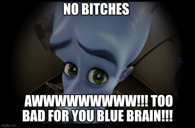 Megamind Peeking | NO BITCHES; AWWWWWWWWW!!! TOO BAD FOR YOU BLUE BRAIN!!! | image tagged in megamind no bitches | made w/ Imgflip meme maker