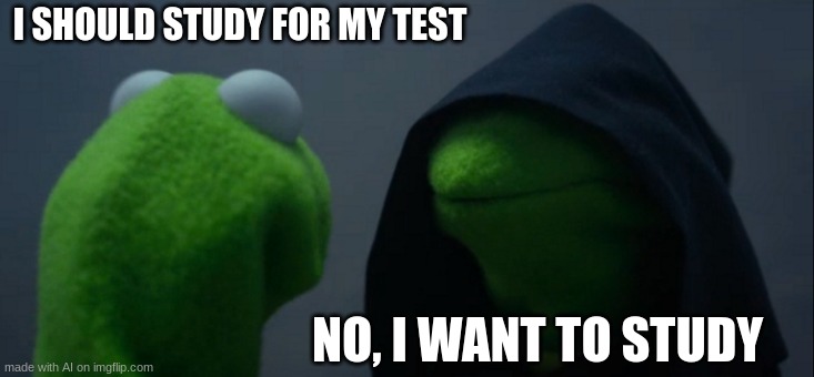 Evil Kermit | I SHOULD STUDY FOR MY TEST; NO, I WANT TO STUDY | image tagged in memes,evil kermit | made w/ Imgflip meme maker