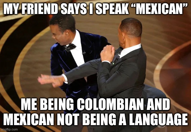 LIKE WHO IS DUMB ENOUGH TO THINK MEXICAN IS A LANGUAGE?? | MY FRIEND SAYS I SPEAK “MEXICAN”; ME BEING COLOMBIAN AND MEXICAN NOT BEING A LANGUAGE | image tagged in will smith punching chris rock | made w/ Imgflip meme maker