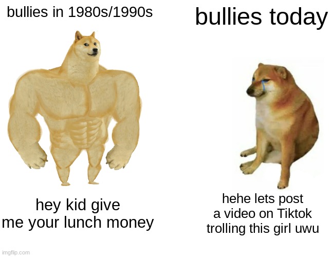 Buff Doge vs. Cheems | bullies in 1980s/1990s; bullies today; hey kid give me your lunch money; hehe lets post a video on Tiktok trolling this girl uwu | image tagged in memes,buff doge vs cheems | made w/ Imgflip meme maker
