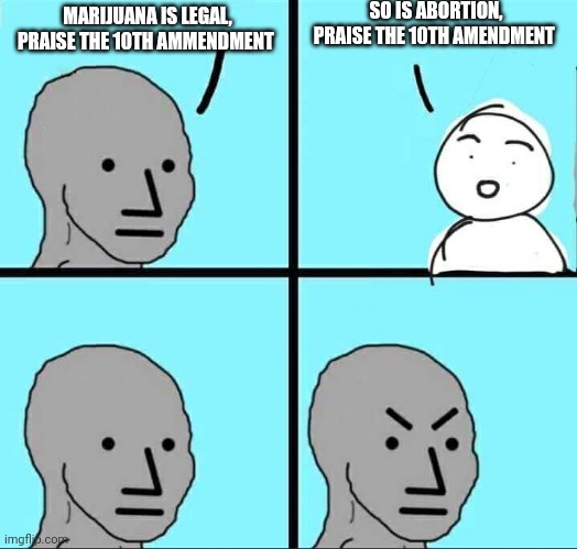 Silly NPC's are upset again | SO IS ABORTION, PRAISE THE 10TH AMENDMENT; MARIJUANA IS LEGAL, PRAISE THE 10TH AMMENDMENT | image tagged in npc meme | made w/ Imgflip meme maker