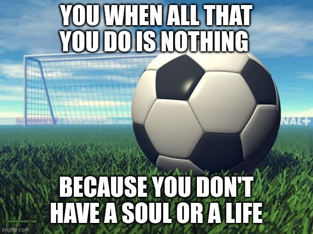 Soccer | YOU WHEN ALL THAT YOU DO IS NOTHING; BECAUSE YOU DON'T HAVE A SOUL OR A LIFE | image tagged in soccer | made w/ Imgflip meme maker