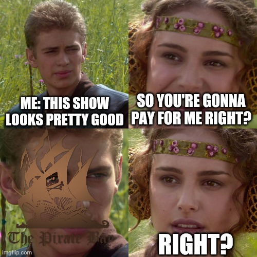 Anakin Padme 4 Panel | ME: THIS SHOW LOOKS PRETTY GOOD; SO YOU'RE GONNA PAY FOR ME RIGHT? RIGHT? | image tagged in anakin padme 4 panel | made w/ Imgflip meme maker