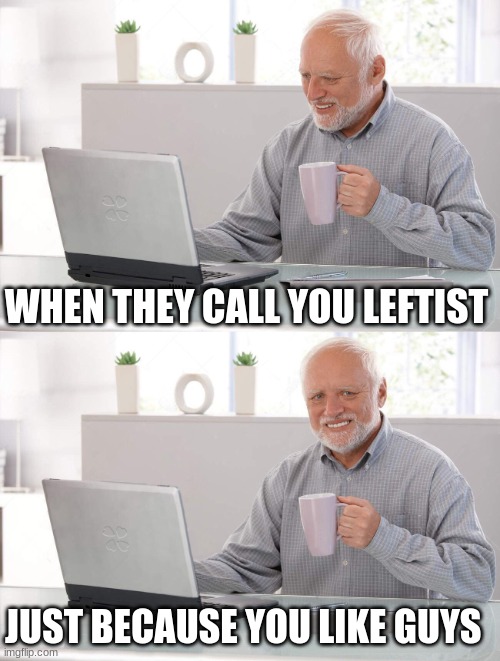 Old man cup of coffee | WHEN THEY CALL YOU LEFTIST JUST BECAUSE YOU LIKE GUYS | image tagged in old man cup of coffee | made w/ Imgflip meme maker