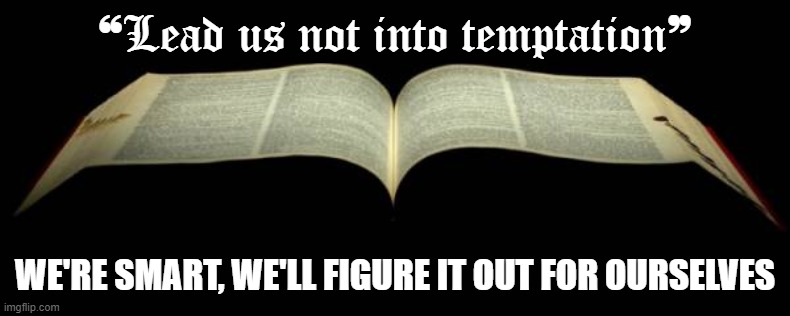 We Got This |  ❝Lead us not into temptation❞; WE'RE SMART, WE'LL FIGURE IT OUT FOR OURSELVES | image tagged in religion,anti-religion,bible,matthew,prayer,gospel | made w/ Imgflip meme maker