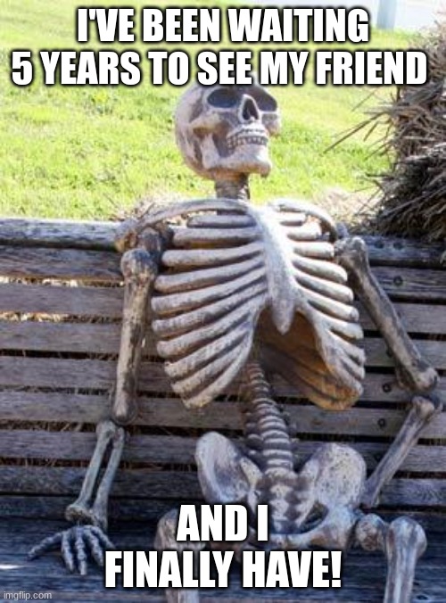 Never wait on your friends | I'VE BEEN WAITING 5 YEARS TO SEE MY FRIEND; AND I FINALLY HAVE! | image tagged in memes,waiting skeleton | made w/ Imgflip meme maker