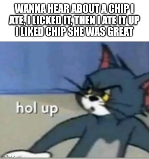Wait a minute | WANNA HEAR ABOUT A CHIP I ATE, I LICKED IT, THEN I ATE IT UP
I LIKED CHIP SHE WAS GREAT | image tagged in hol up | made w/ Imgflip meme maker