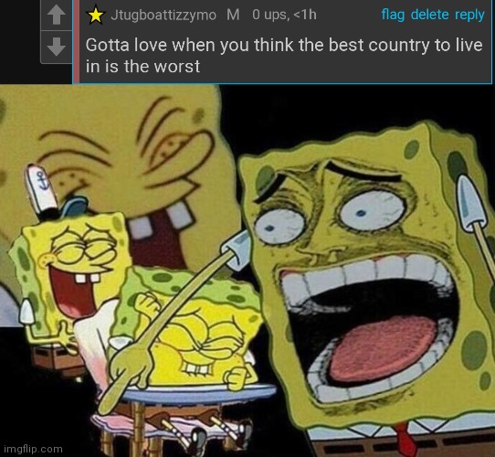Context: he thinks America is the best country to live in (it isn't) | image tagged in spongebob laughing hysterically | made w/ Imgflip meme maker