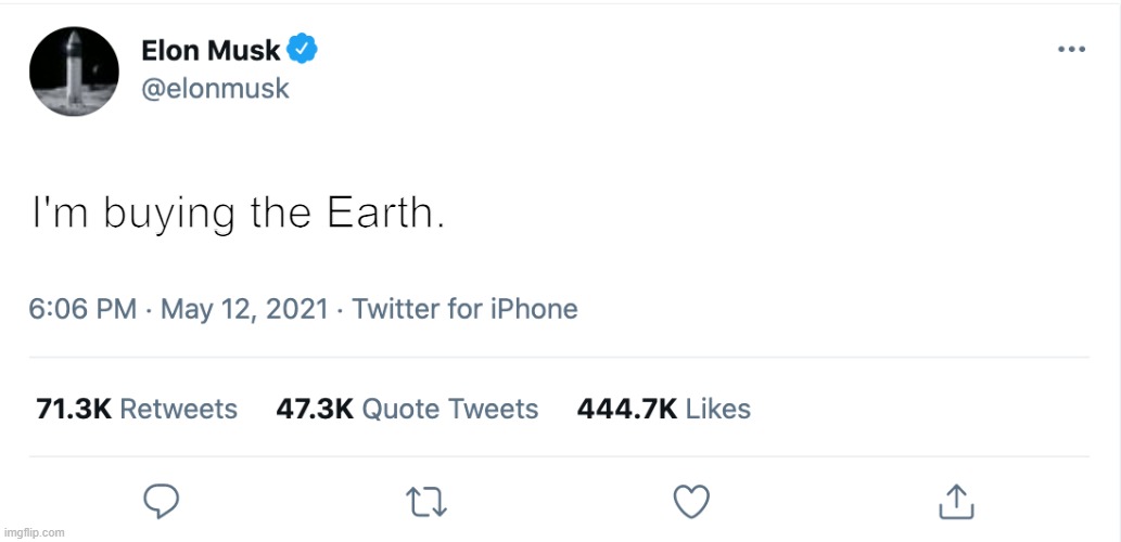 Somewhere in 2050... | I'm buying the Earth. | image tagged in elon musk blank tweet | made w/ Imgflip meme maker