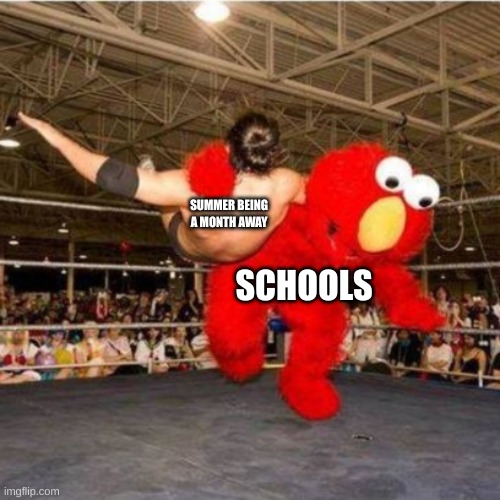 Elmo wrestling | SUMMER BEING A MONTH AWAY; SCHOOLS | image tagged in elmo wrestling | made w/ Imgflip meme maker